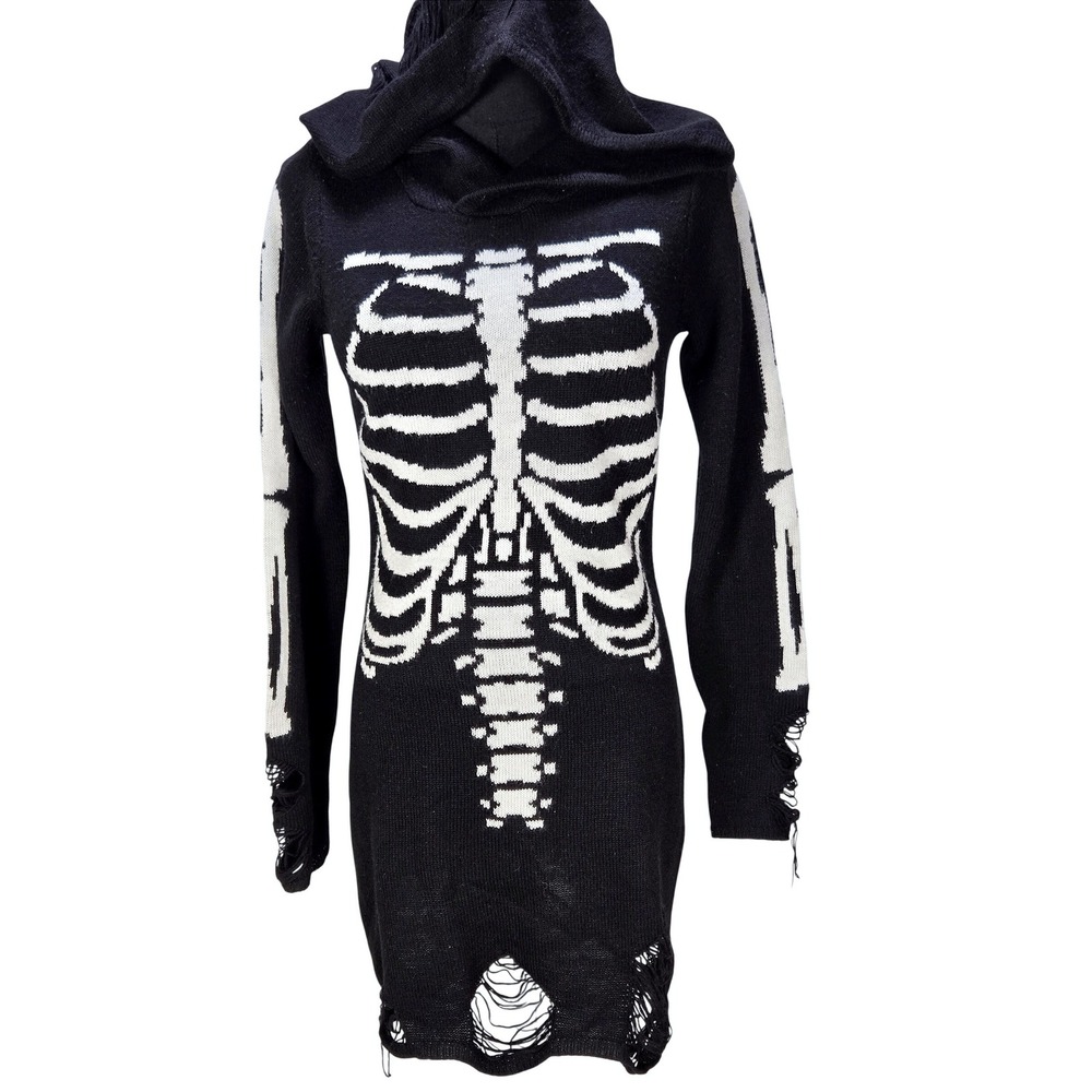 Women's Hot Topic S/M Skeleton Distressed Hooded Sweater Dress Goth Emo